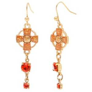 Goldtone Orange Enamel Crystal Cross Earrings